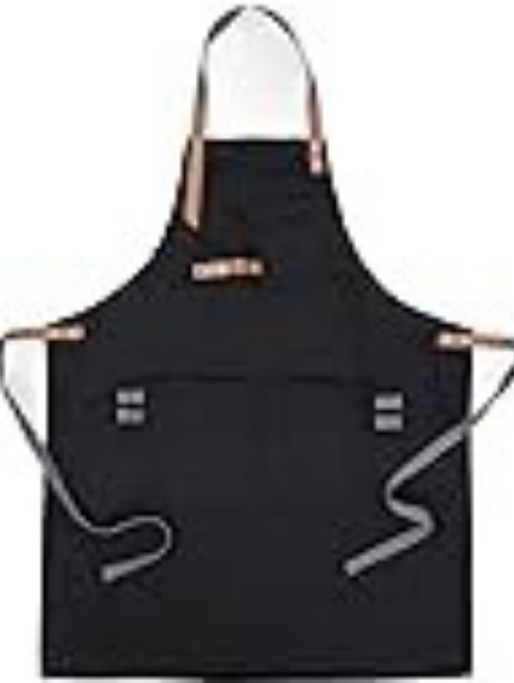 Black Canvas Chef's Apron Unisex with Brown Leather Straps 3 Pockets One Size - Picture 4 of 6